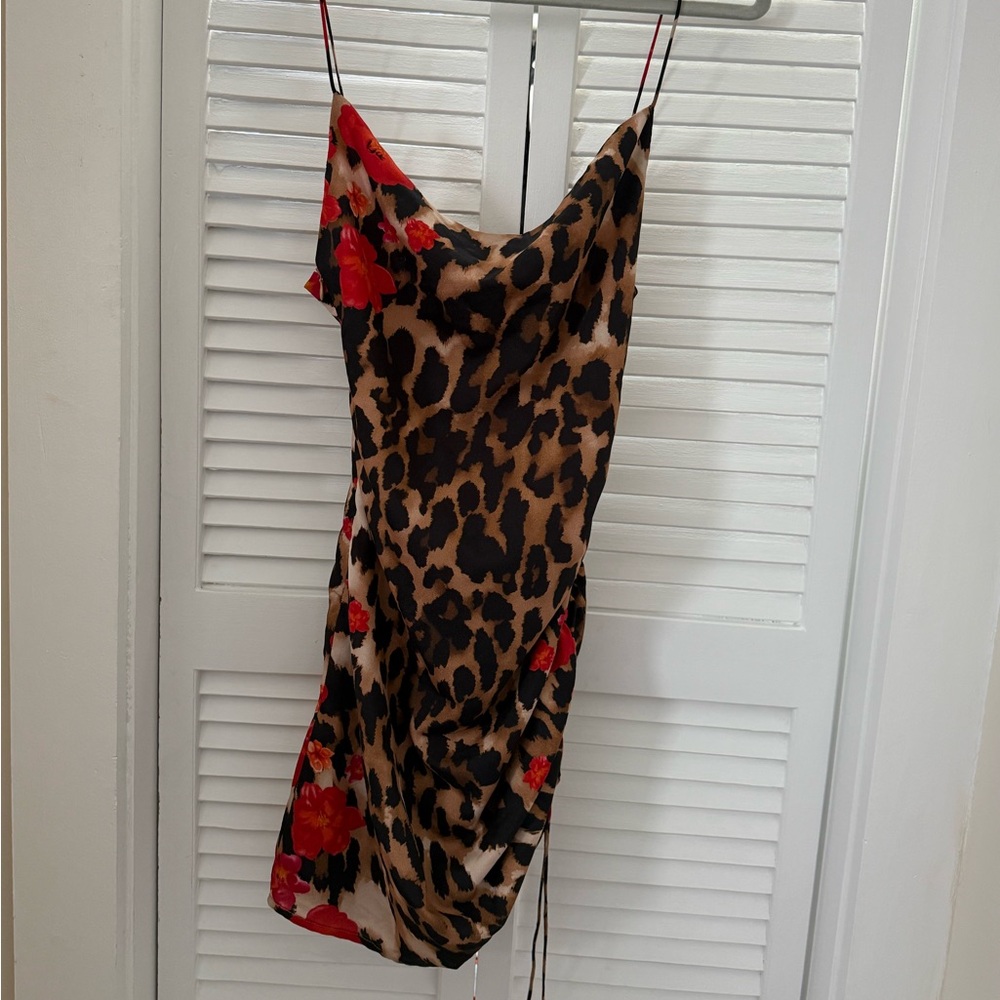 Leopard Print Slip Dress with Red Floral Accents